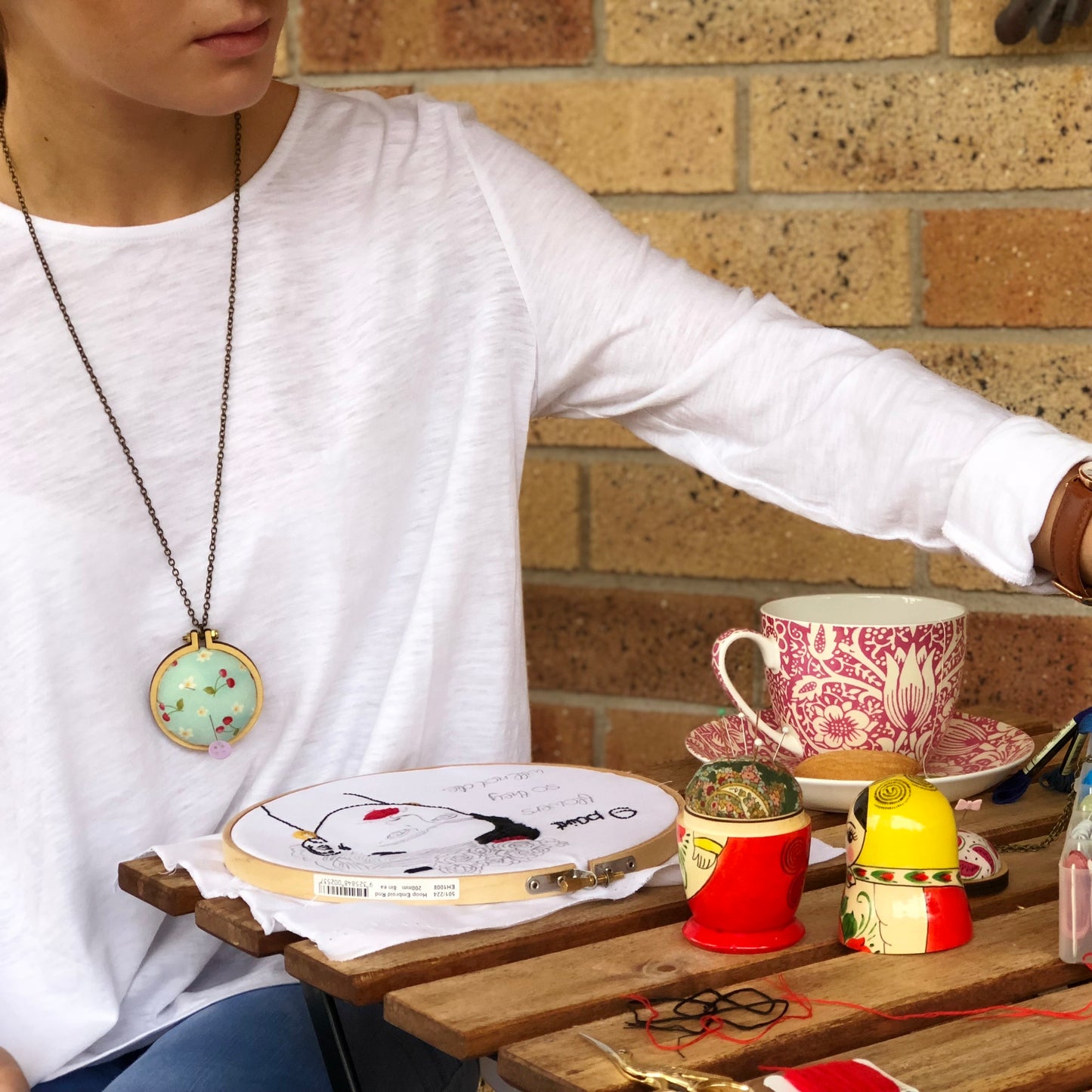 Pincushion Necklace - Daisies and Cherries