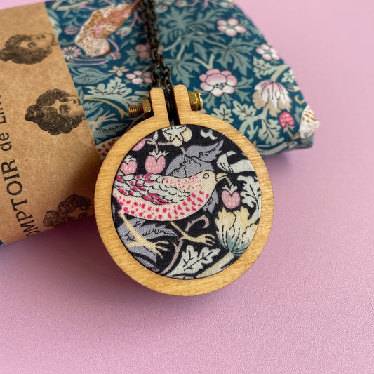 Black Strawberry Thief Embroidery Hoop Necklace - Bird and Strawberry