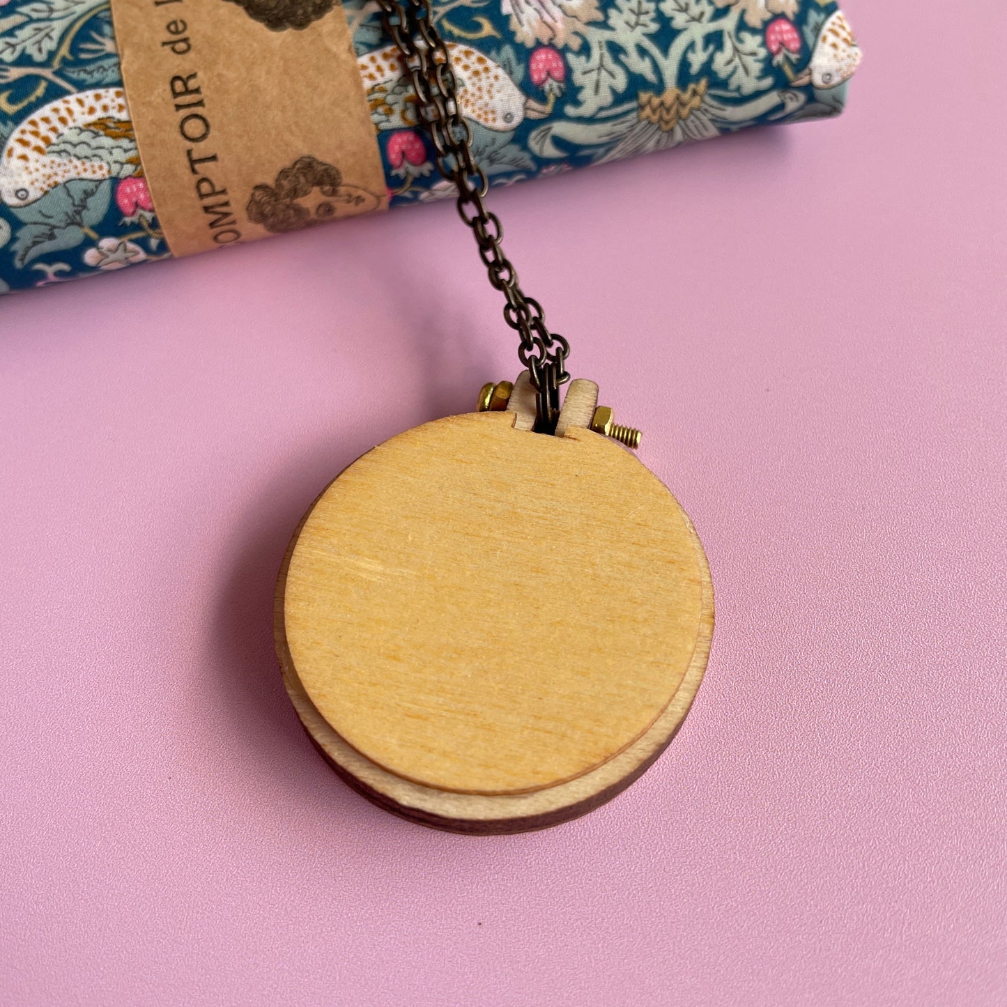 Strawberry Thief Embroidery Hoop Necklace- Bird, Strawberry & Flower