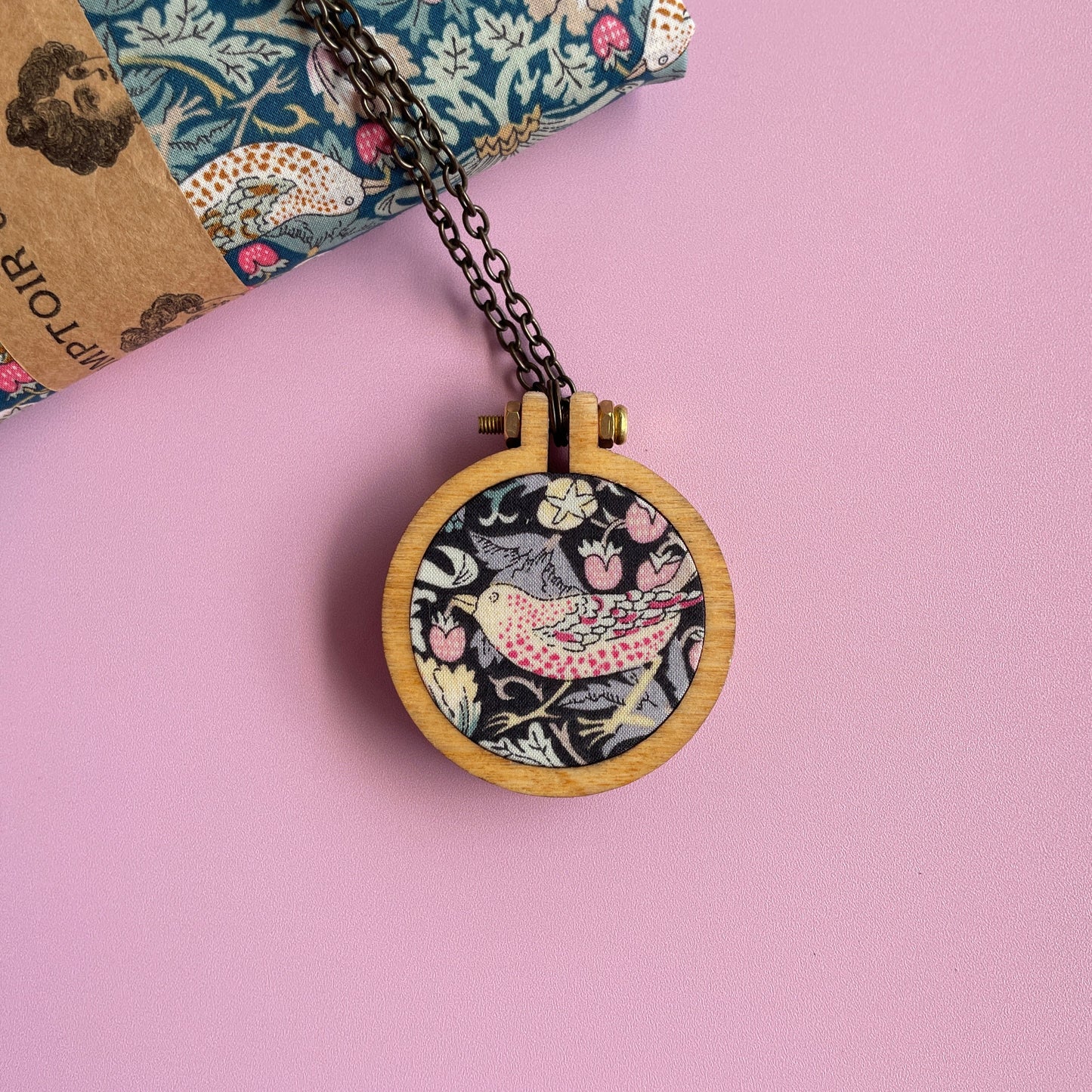 Strawberry Thief Embroidery Hoop Necklace- Bird, Strawberry & Flower