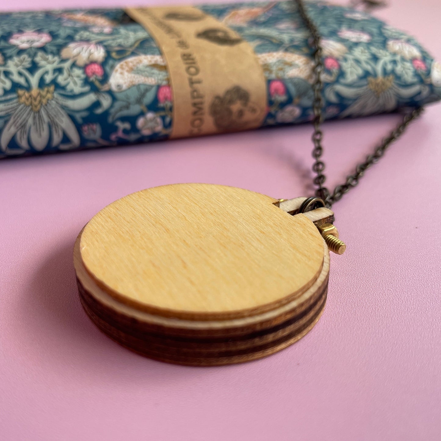 Black Strawberry Thief Embroidery Hoop Necklace - Bird and Strawberry