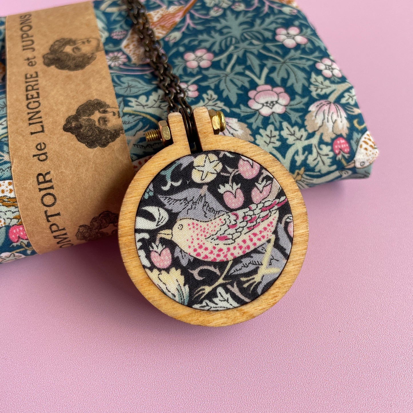 Strawberry Thief Embroidery Hoop Necklace- Bird, Strawberry & Flower